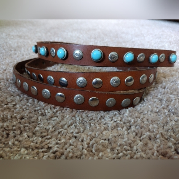 Vintage Fiocchi Lecco Brown Genuine Leather WrapBelt Turquoise And Silver Studs - Picture 1 of 14